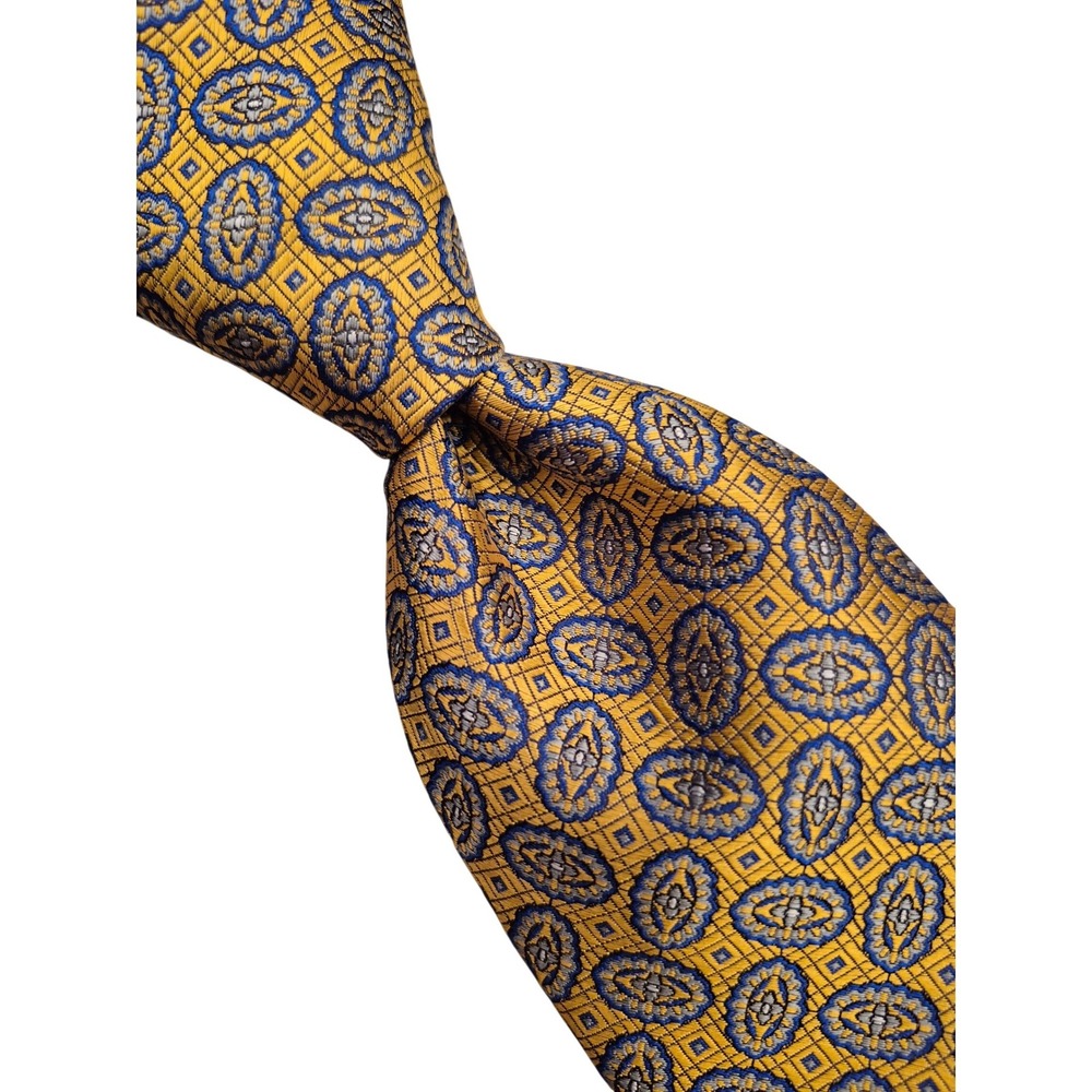 Robert Jensen Brioni Gold Blue Medallion Silk Tie Made in Italy Hand Sewn Mens